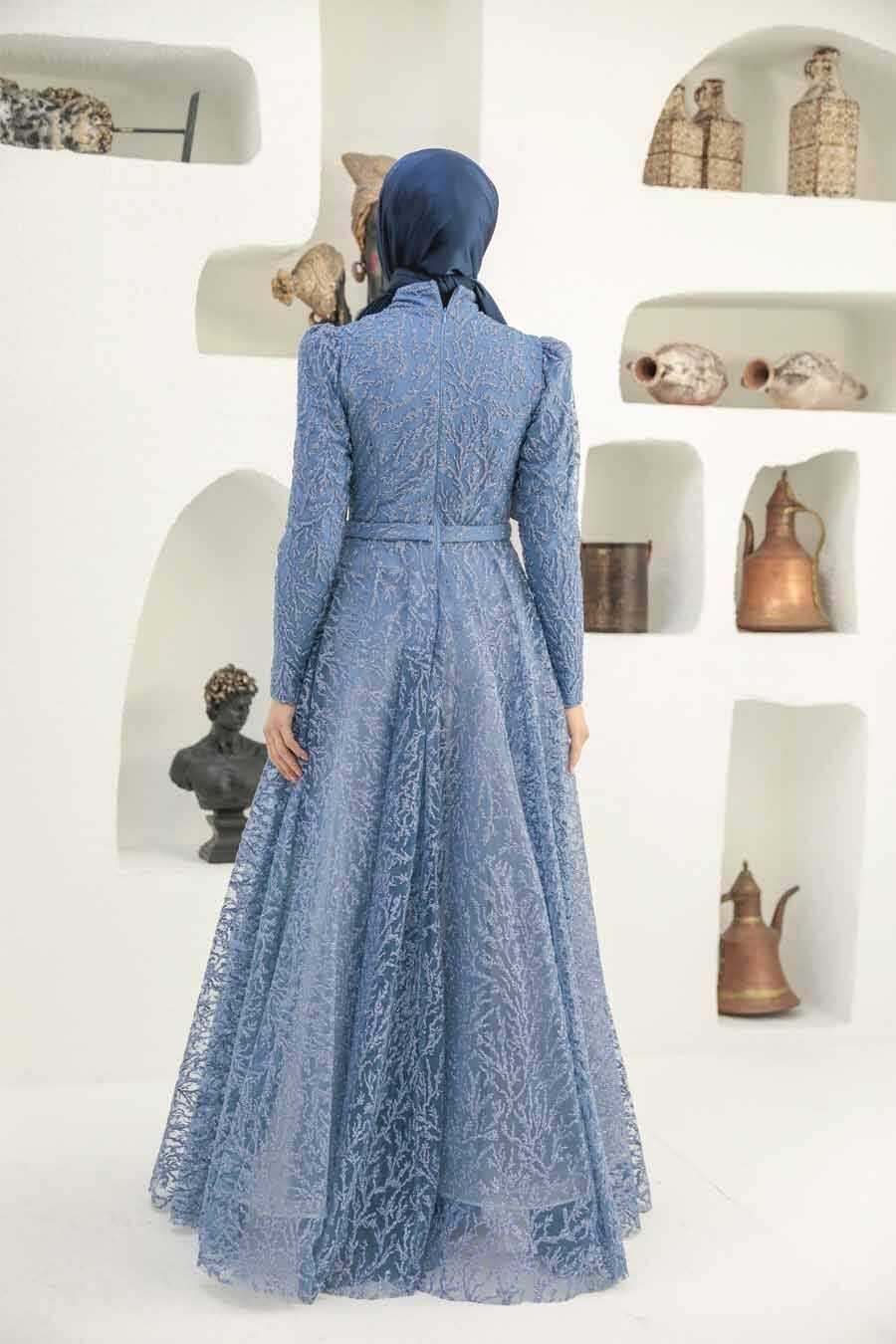 Neva Style Luxury İndigo Blue Hijab Wedding Gown 22343IM