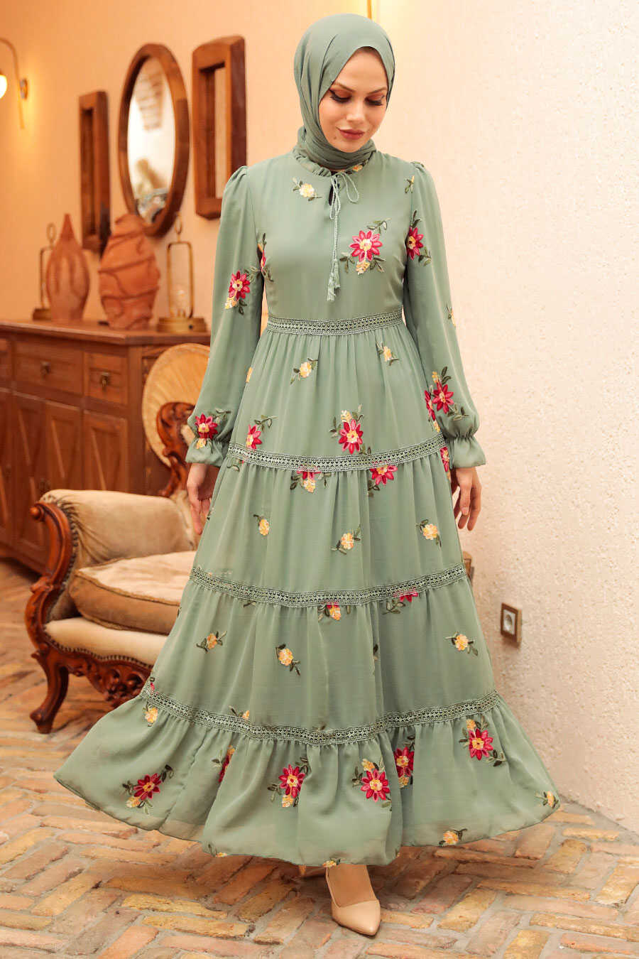 Almond Green Hijab Dress 32811CY