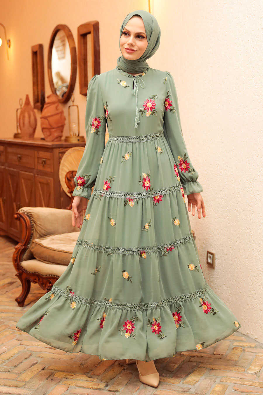 Almond Green Hijab Dress 32811CY