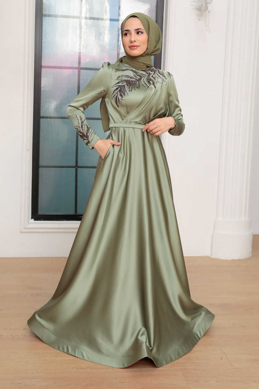 Almond Green Hijab Evening Dress 22401CY