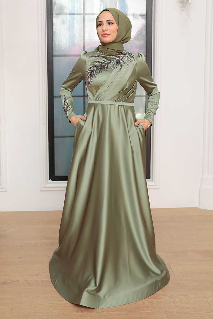Almond Green Hijab Evening Dress 22401CY