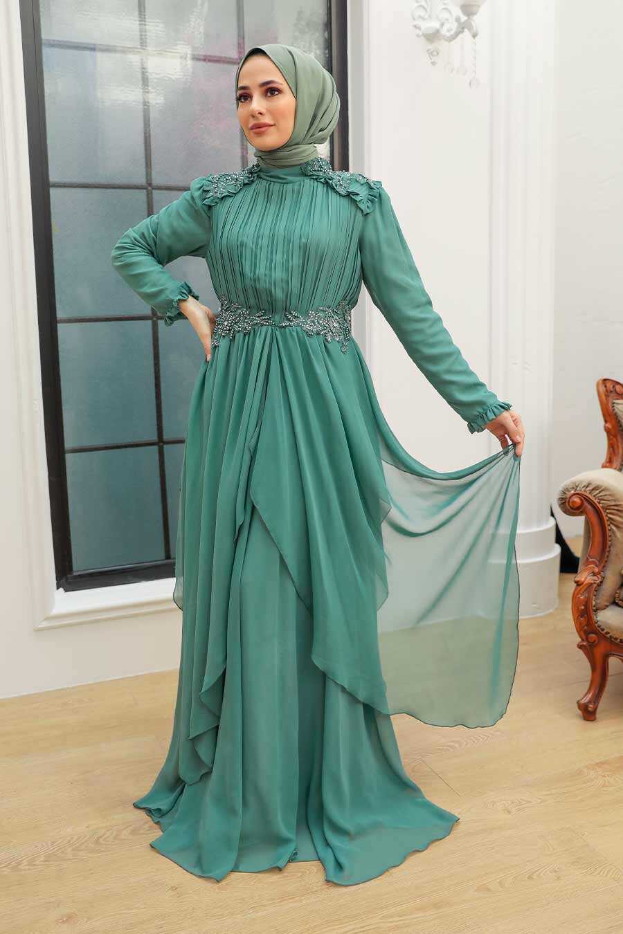 Almond Green Hijab Evening Dress 25807CY