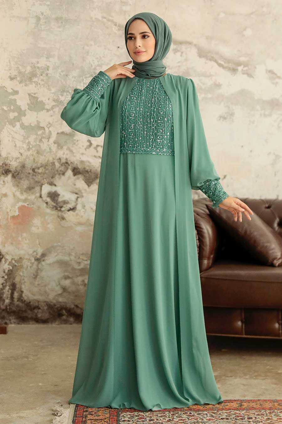 Almond Green Hijab Evening Dress 25814CY