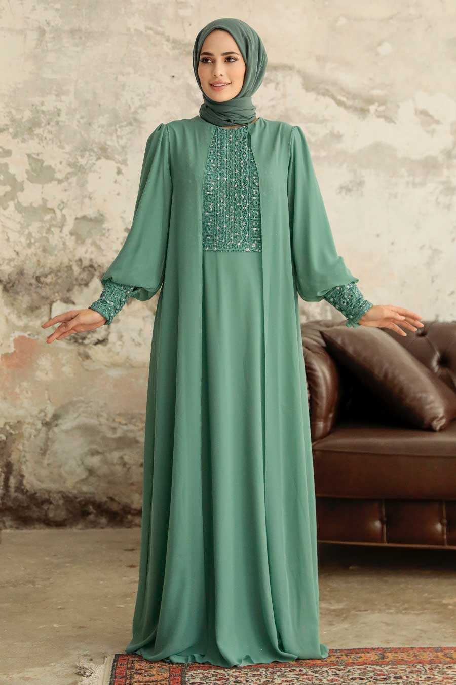 Almond Green Hijab Evening Dress 25814CY