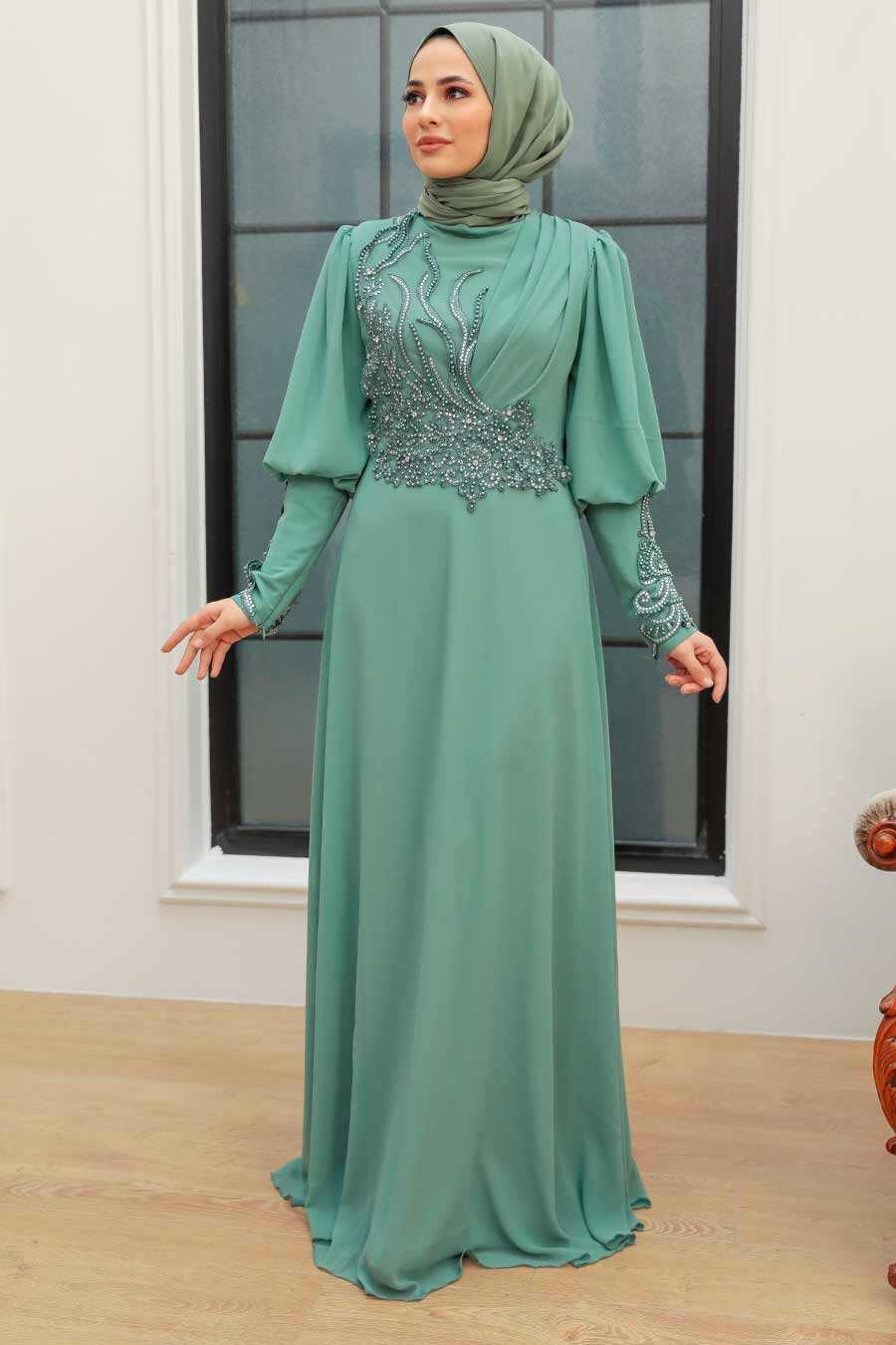 Almond Green Hijab Evening Dress 25817CY
