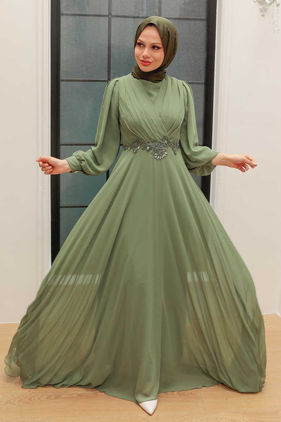 Almond Green Hijab Evening Dress 3435CY