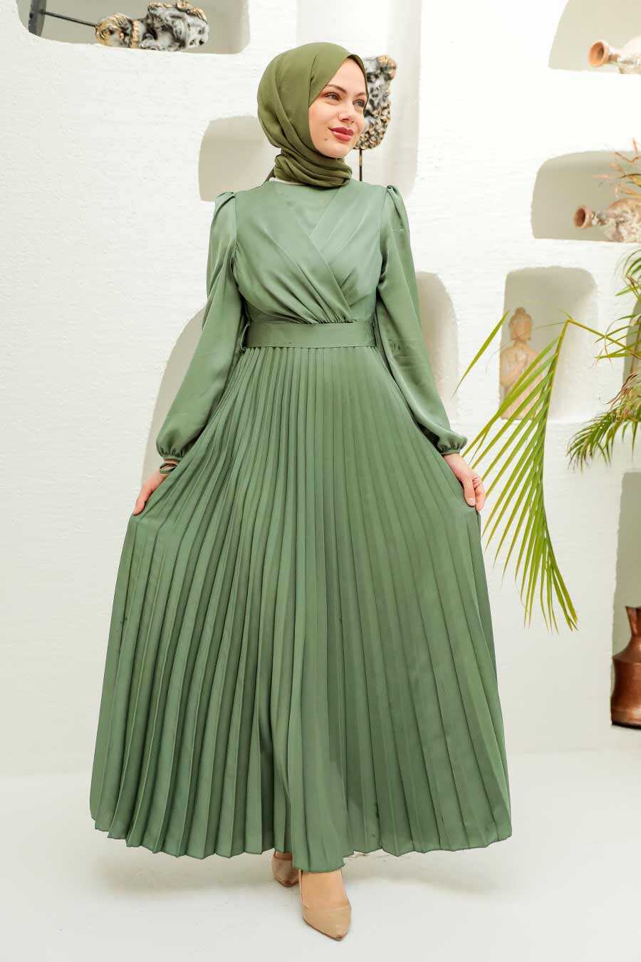 Almond Green Hijab Evening Dress 3452CY