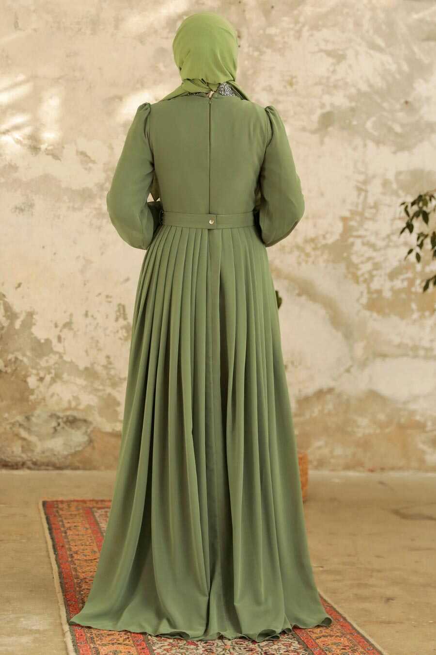 Neva Style - Elegant Almond Green Muslim Long Sleeve Dress 3773CY