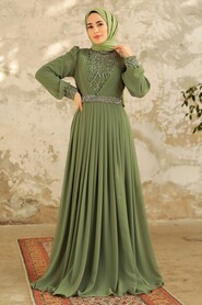 Neva Style - Elegant Almond Green Muslim Long Sleeve Dress 3773CY - Thumbnail