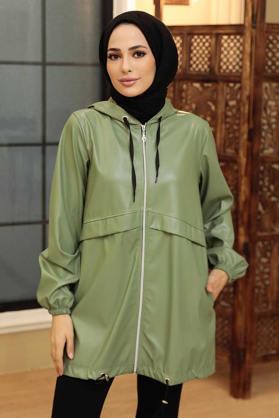 Almond Green Hijab Faux Leather Cap 50204CY