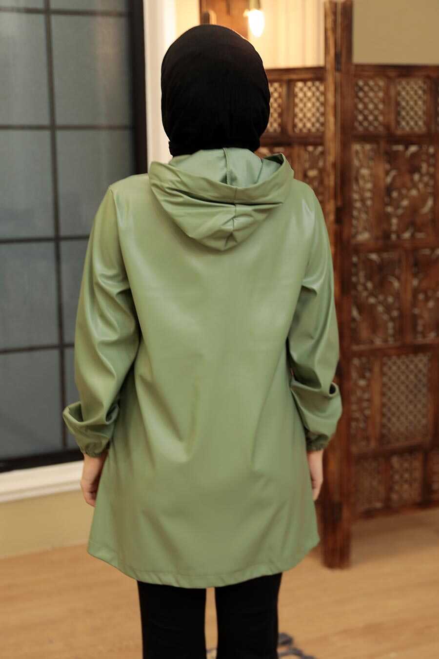 Almond Green Hijab Faux Leather Cap 50204CY