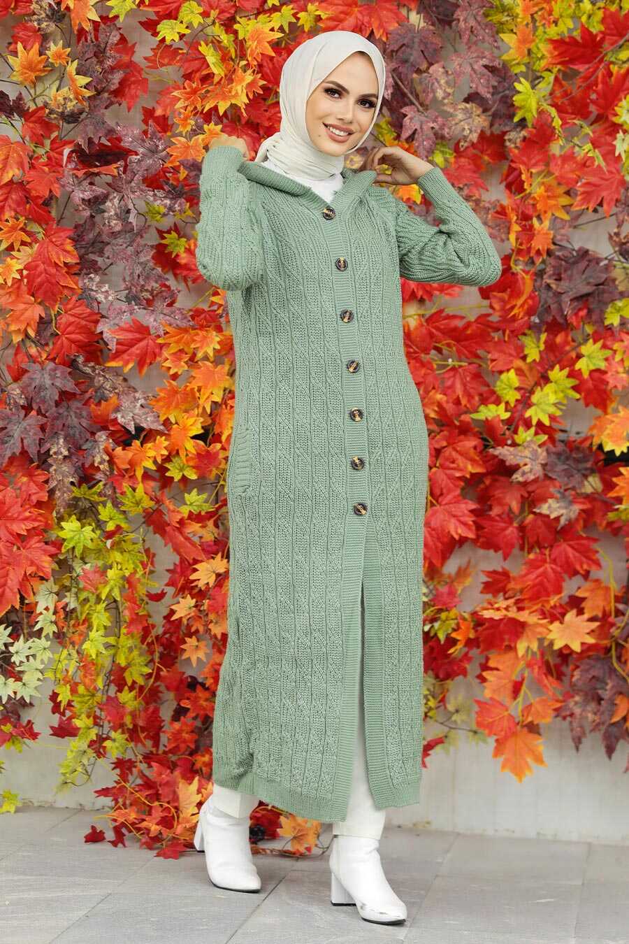 Almond Green Hijab Knitwear Cardigan 70250CY