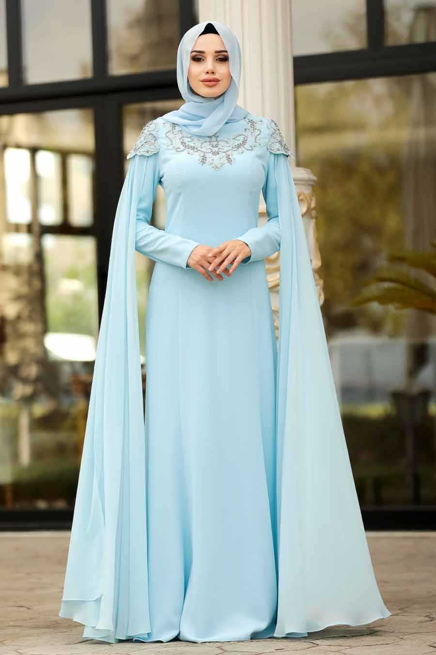 Baby Blue Hijab Evening Dress 20250BM - Neva-style.com