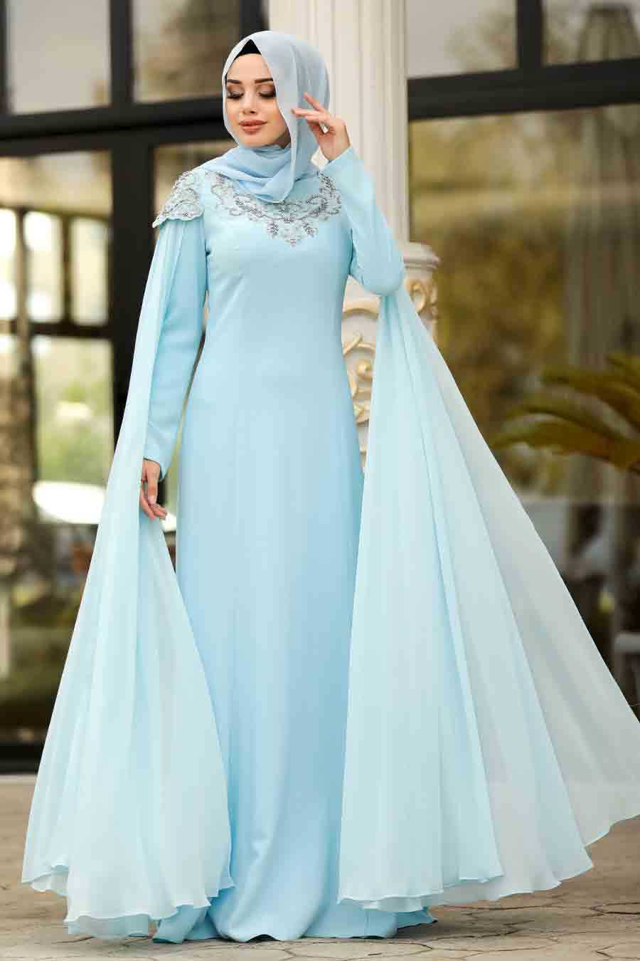 Baby Blue Hijab Evening Dress 20250BM - Neva-style.com