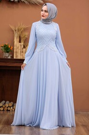 Baby Blue Hijab Evening Dress 4579BM - Thumbnail