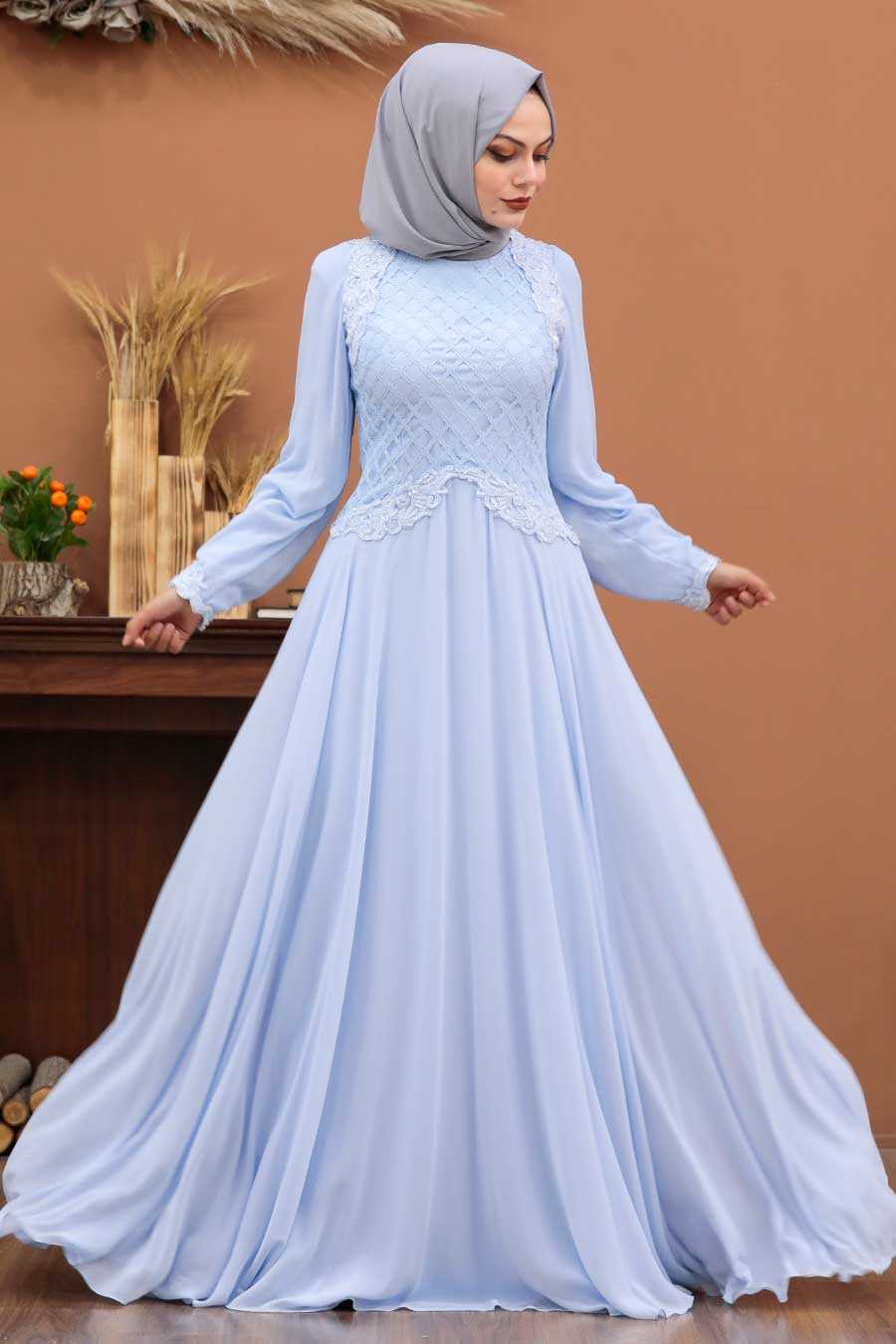 Baby Blue Hijab Evening Dress 4579BM 
