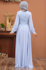 Baby Blue Hijab Evening Dress 4579BM - Thumbnail