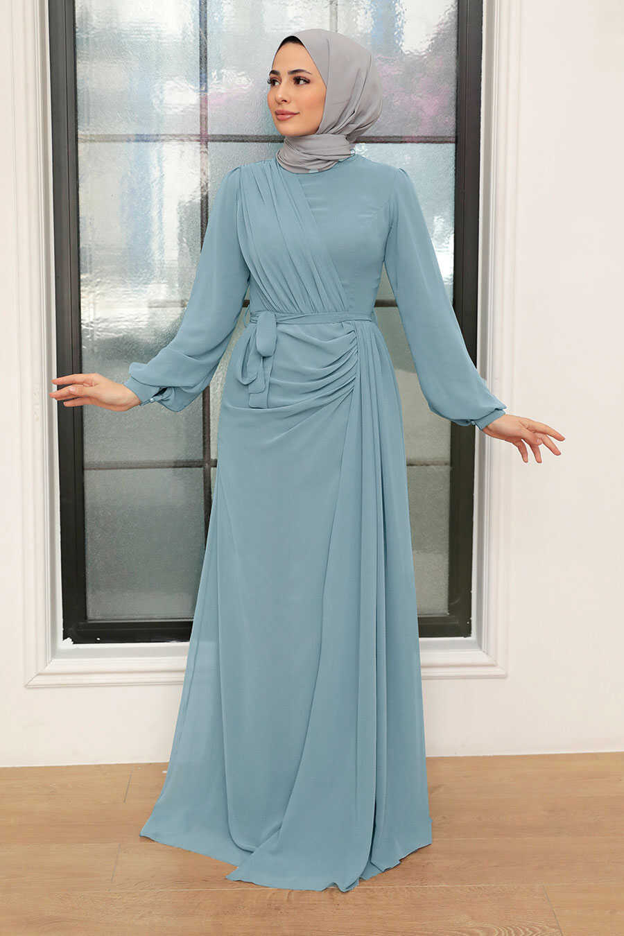 Baby Blue Hijab Evening Dress 5711BM
