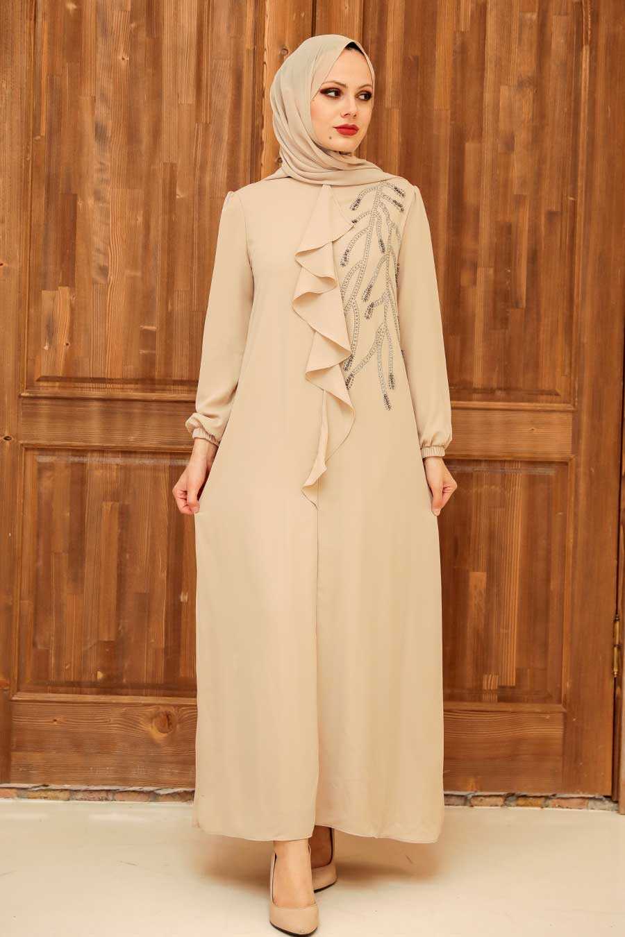 Beige Hijab Evening Dress 12951BEJ