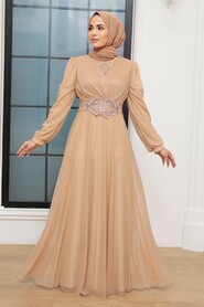 Beige Hijab Evening Dress 50151BEJ - Thumbnail