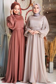 Neva Style - Elegant Beige Islamic Clothing Evening Gown 5215BEJ - Thumbnail