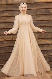 Neva Style - Plus Size Beige Islamic Wedding Gown 5478BEJ - Thumbnail
