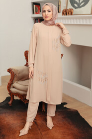 Beige Hijab Suit Dress 13090BEJ - Thumbnail