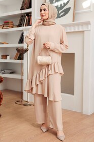 Beige Hijab Suit Dress 13101BEJ - Thumbnail
