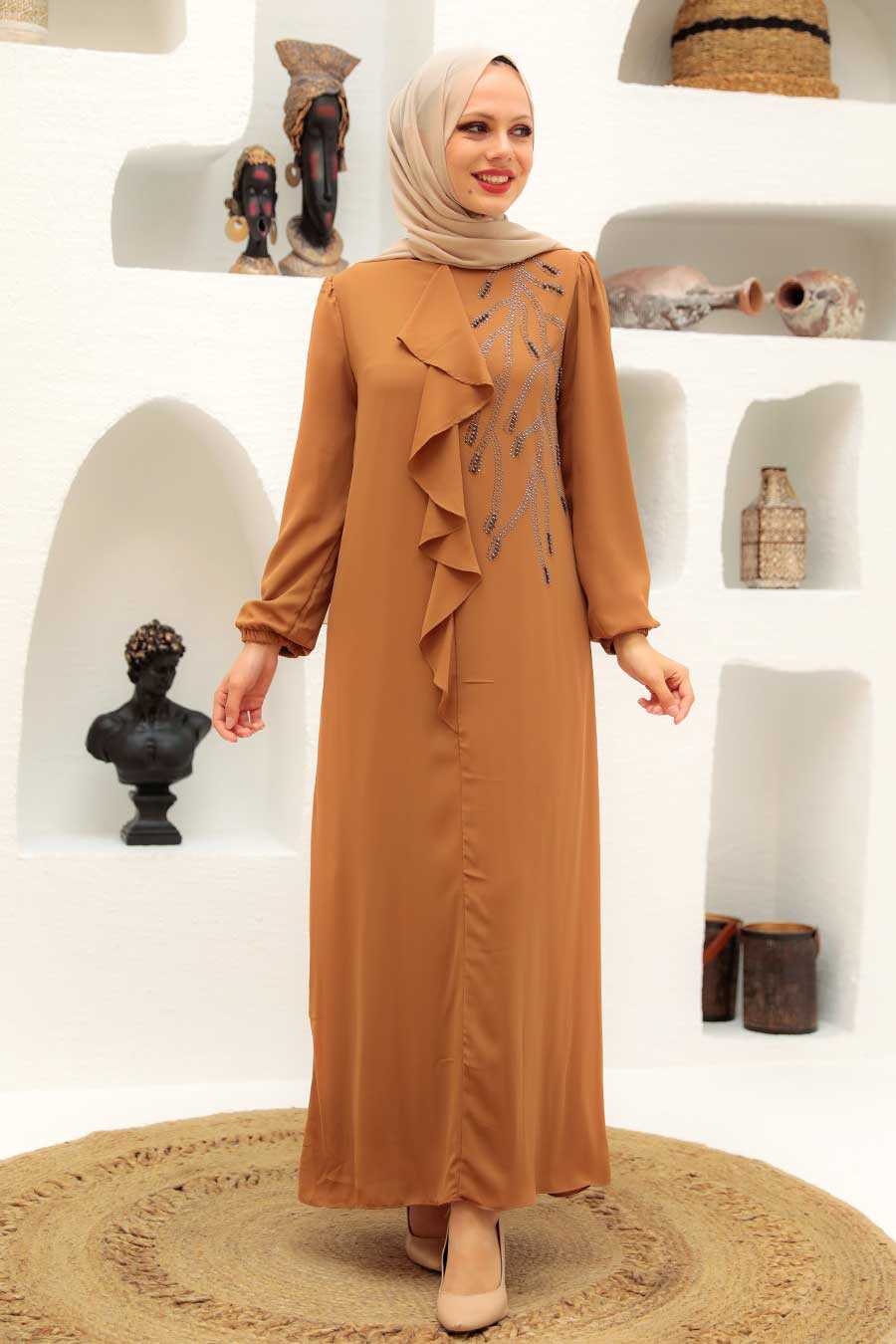 Biscuit Hijab Evening Dress 12951BS