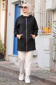 Black Hijab Coat 3674S - Thumbnail