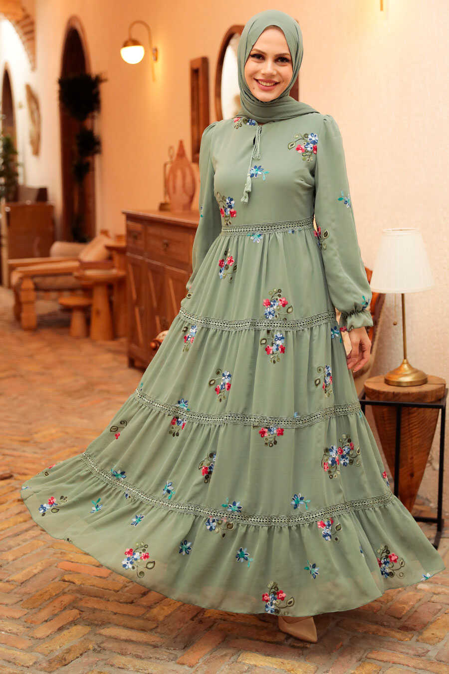 Almond Green Hijab Dress 32812CY