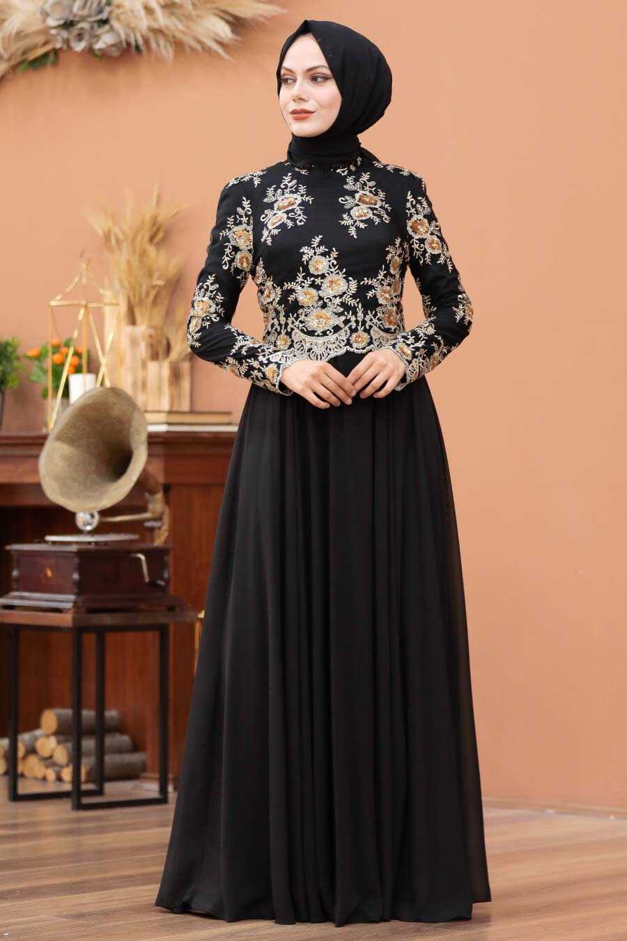 Neva Style - Black Turkish Hijab Evening Dress 7647S