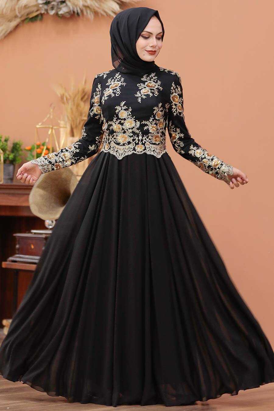 Neva Style - Black Turkish Hijab Evening Dress 7647S
