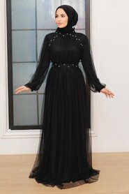 Black Hijab Evening Dress 22041S - Thumbnail