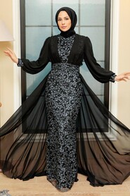 Black Hijab Evening Dress 22071S - Thumbnail