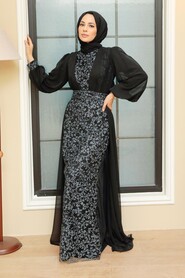 Black Hijab Evening Dress 22071S - Thumbnail