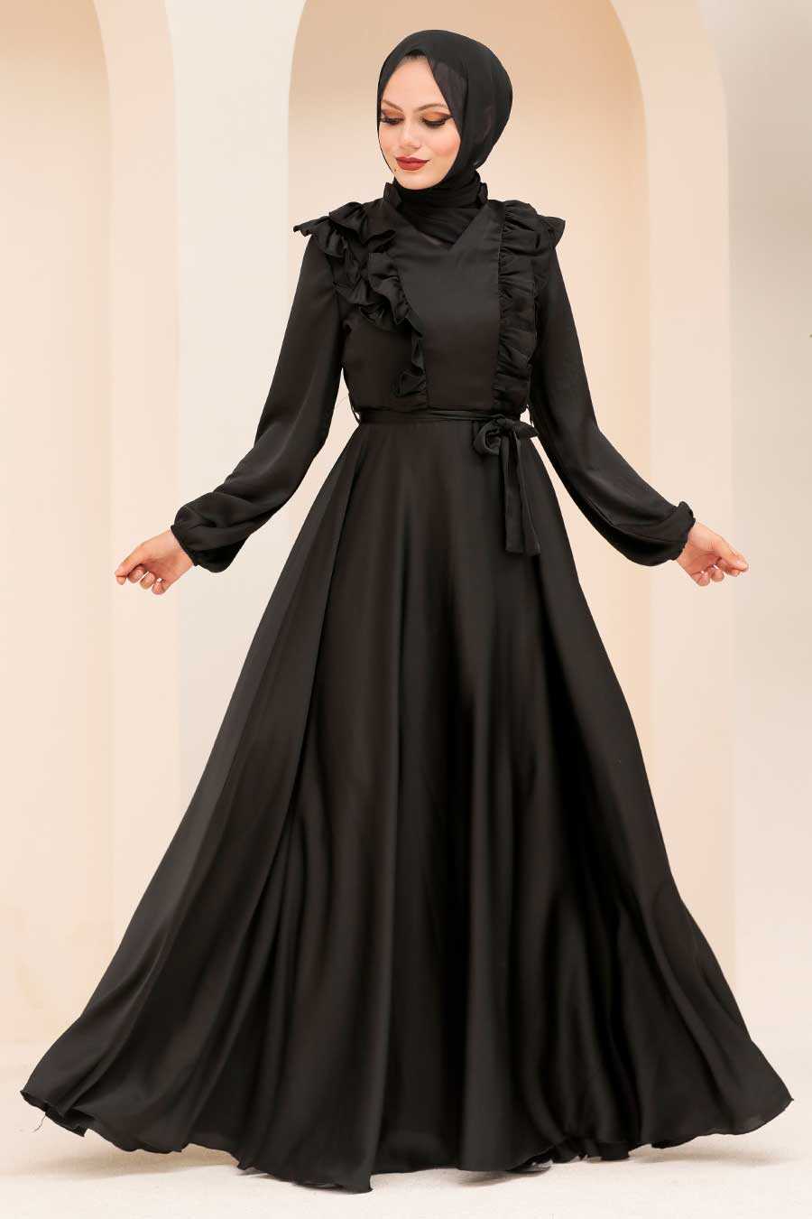 Neva Style - Satin Black Modest Islamic Clothing Wedding Dress 3117S