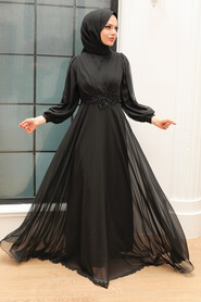 Black Hijab Evening Dress 3435S - Thumbnail
