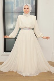 Ecru Hijab Evening Dress 36050E - Thumbnail