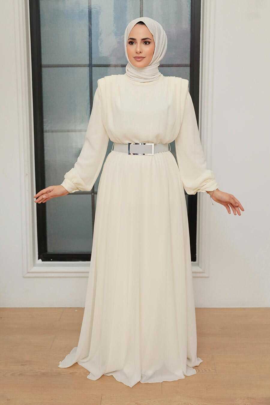 Ecru Hijab Evening Dress 36050E
