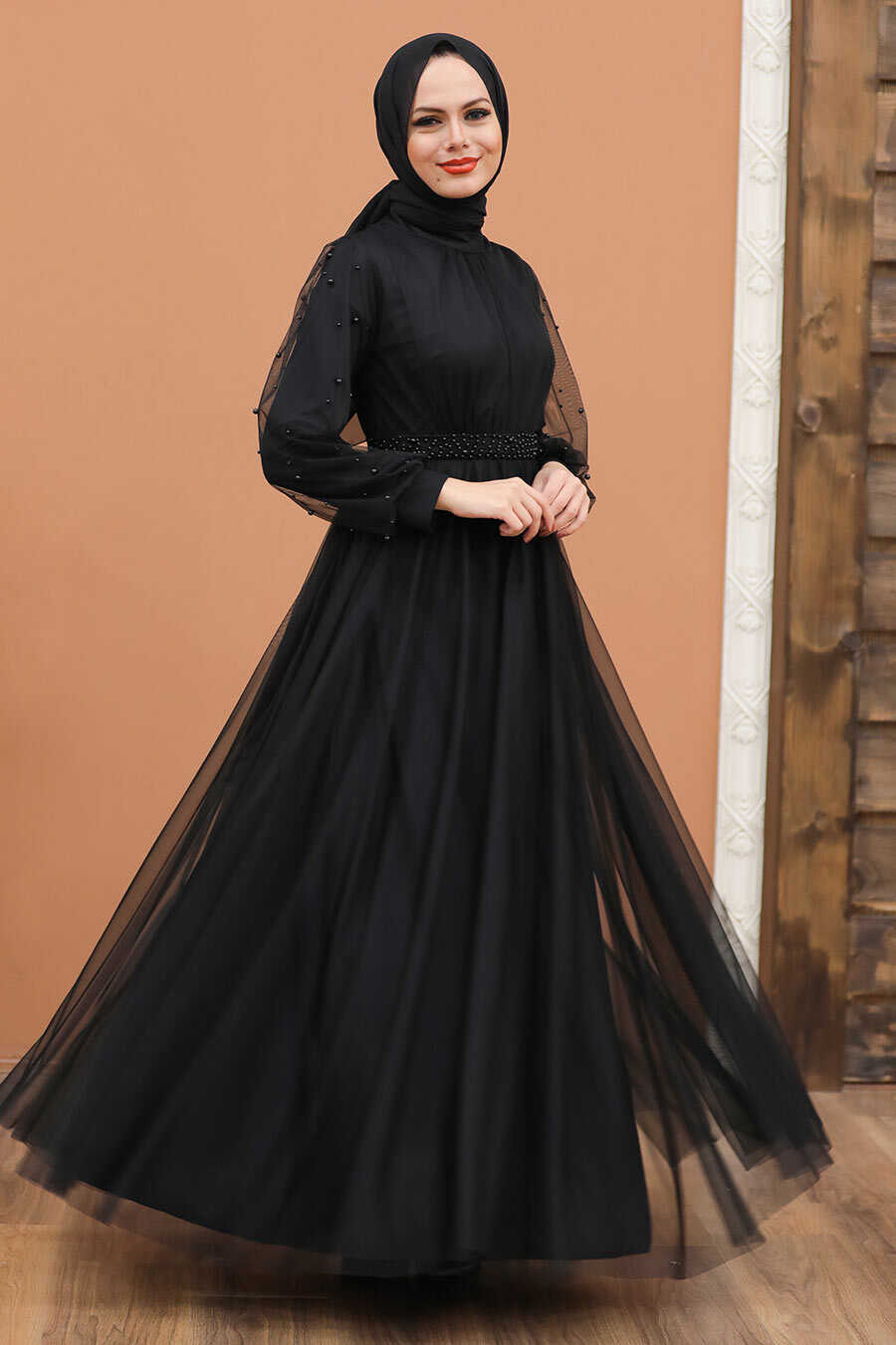 Black Hijab Evening Dress 5514S