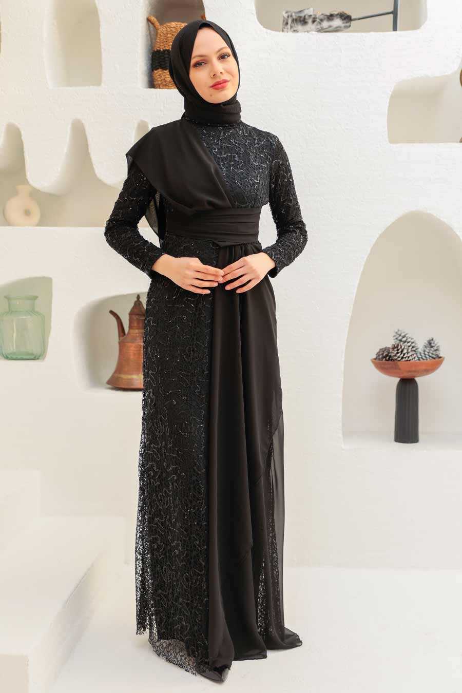 Black Hijab Evening Dress 56180S