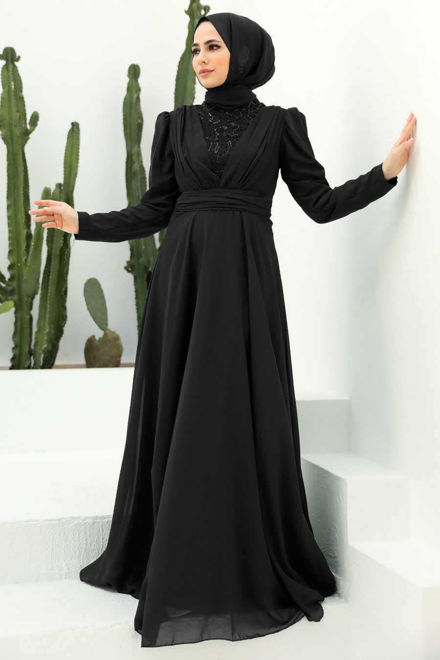 Black Hijab Evening Dress 56280S