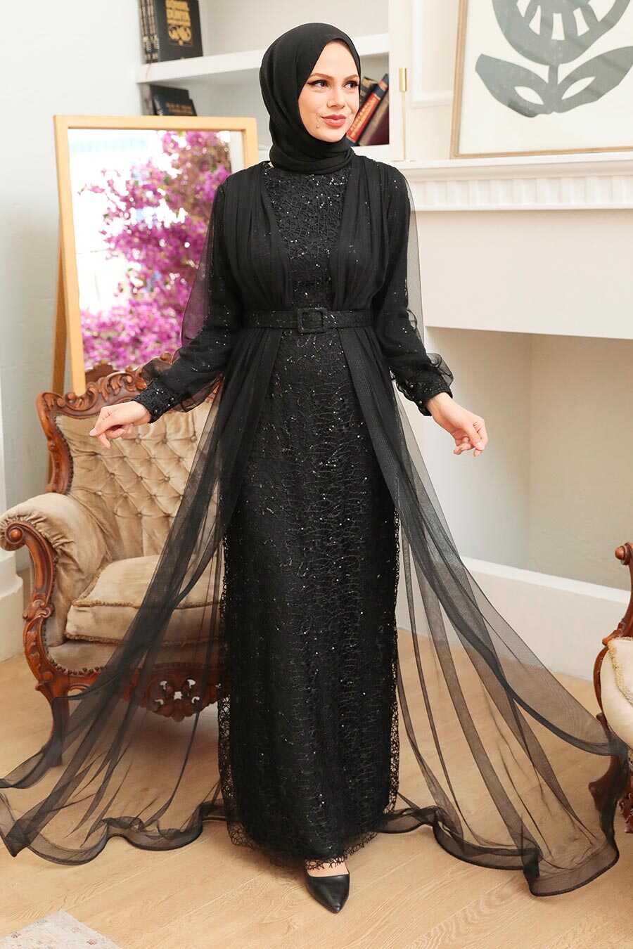 Black Hijab Evening Dress 56291S