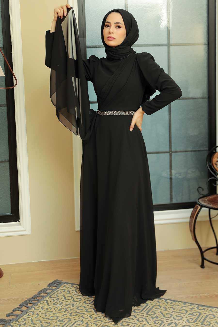 Black Hijab Evening Dress 5737S