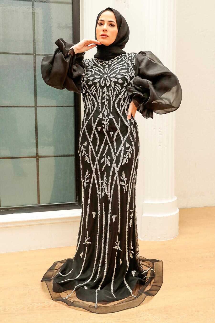 Black Hijab Evening Dress 8321S