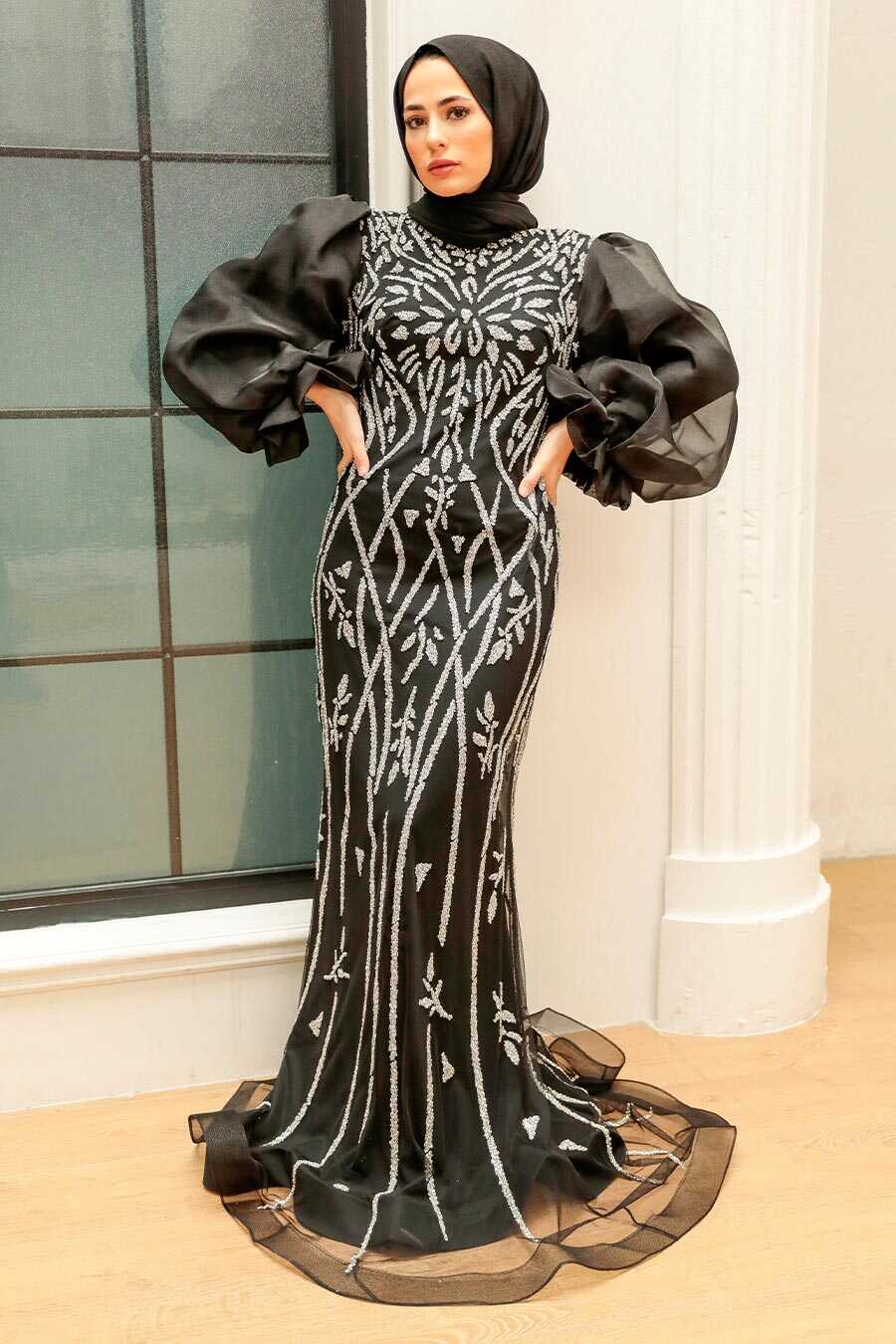 Black Hijab Evening Dress 8321S