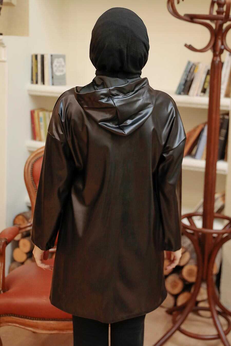 Black Hijab Faux Leather Cap 50153S