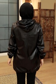 Black Hijab Faux Leather Cap 50204S - Thumbnail