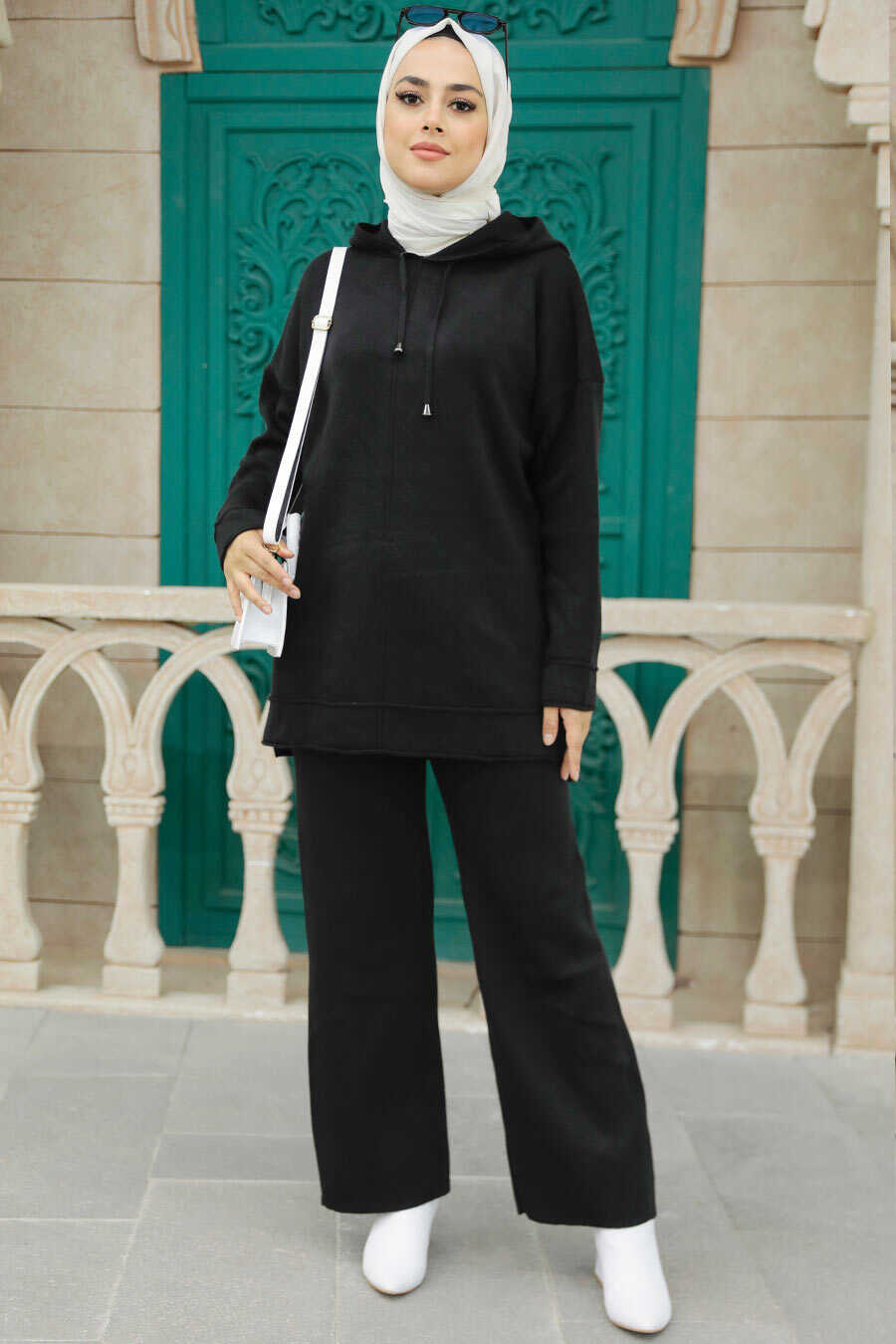Black Hijab Knitwear Double Suit 25030S 